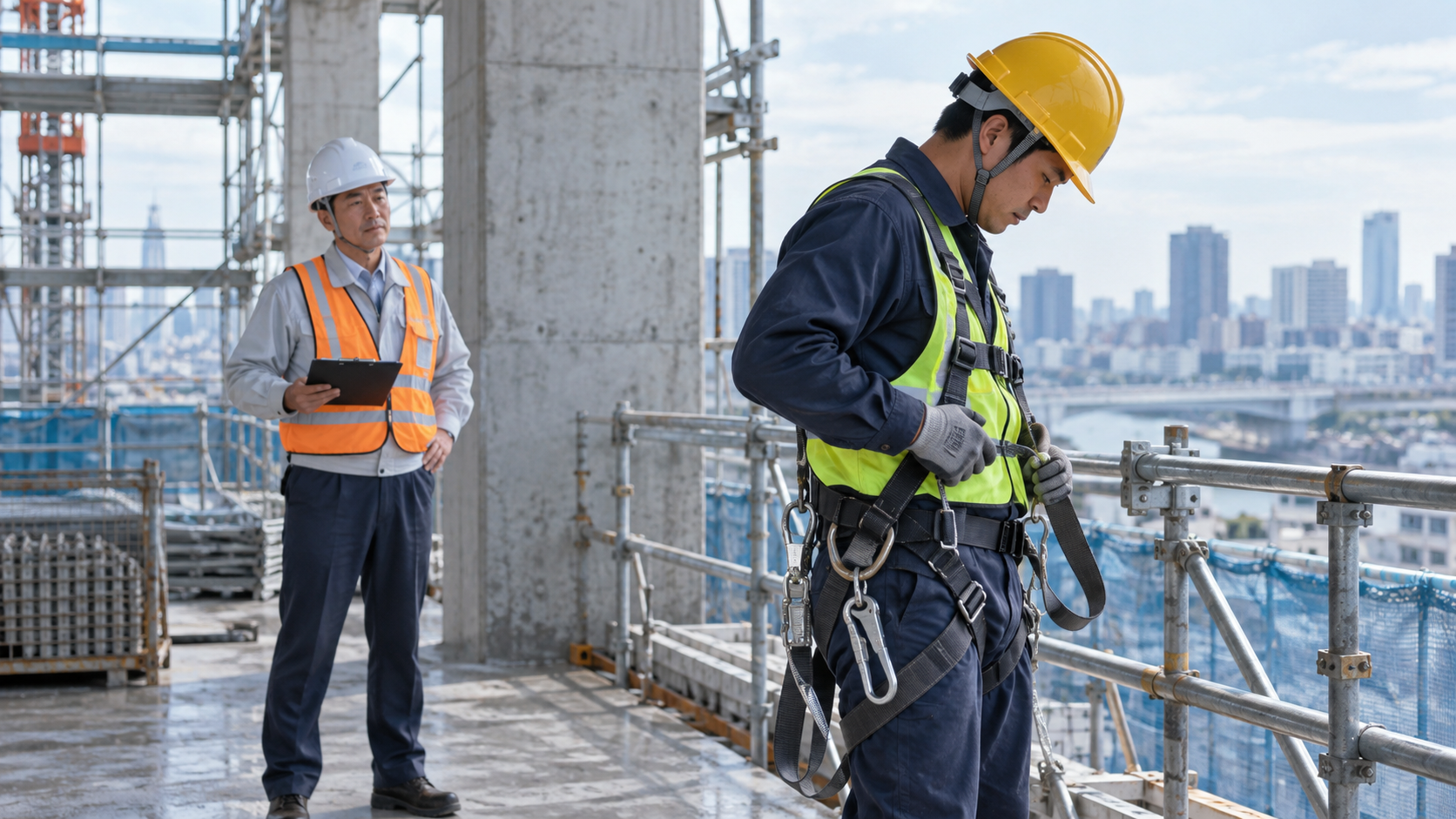 建設現場で安全帯を確認する作業員と安全管理者