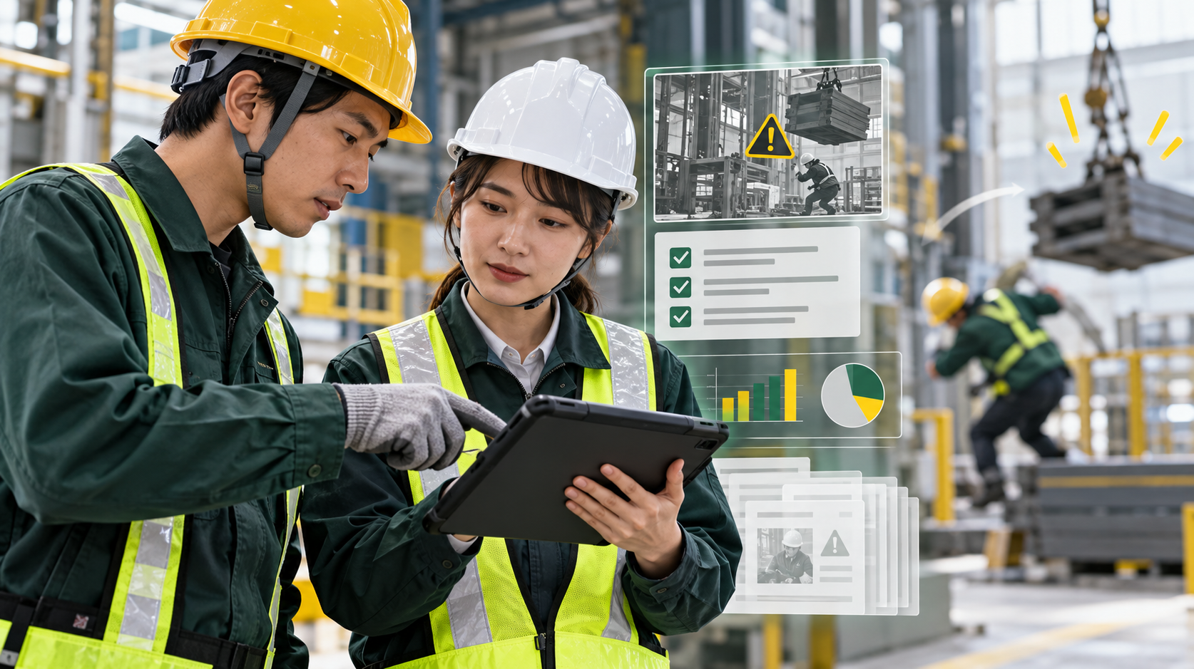 タブレットでヒヤリハットの記録を確認する現場作業員と安全管理者