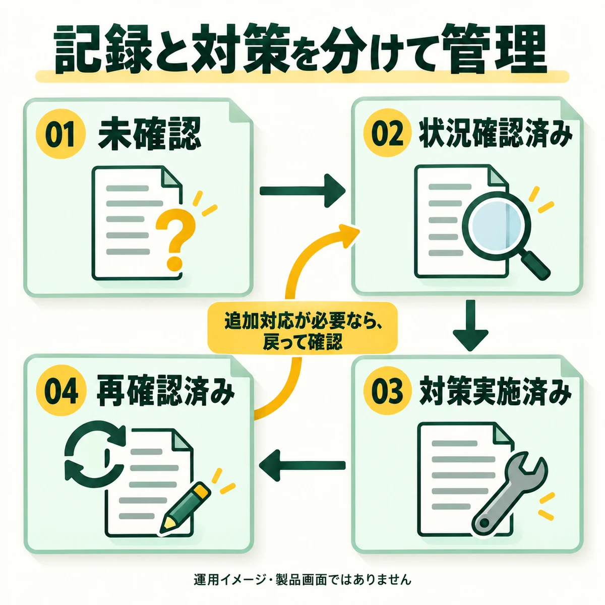 記録の未確認から状況確認、対策実施、再確認までを分けて管理する流れ。追加対応が必要な場合は戻って確認する。