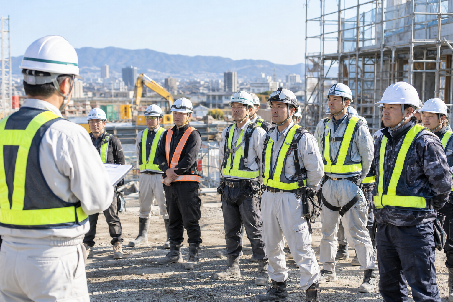 朝礼現場で安全装備を確認するイメージ