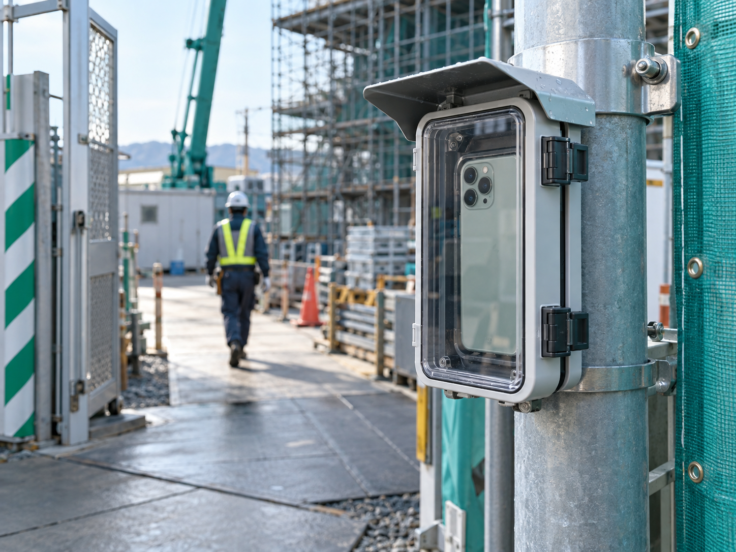屋外の支柱にケースへ収納したスマートフォンを固定するイメージ