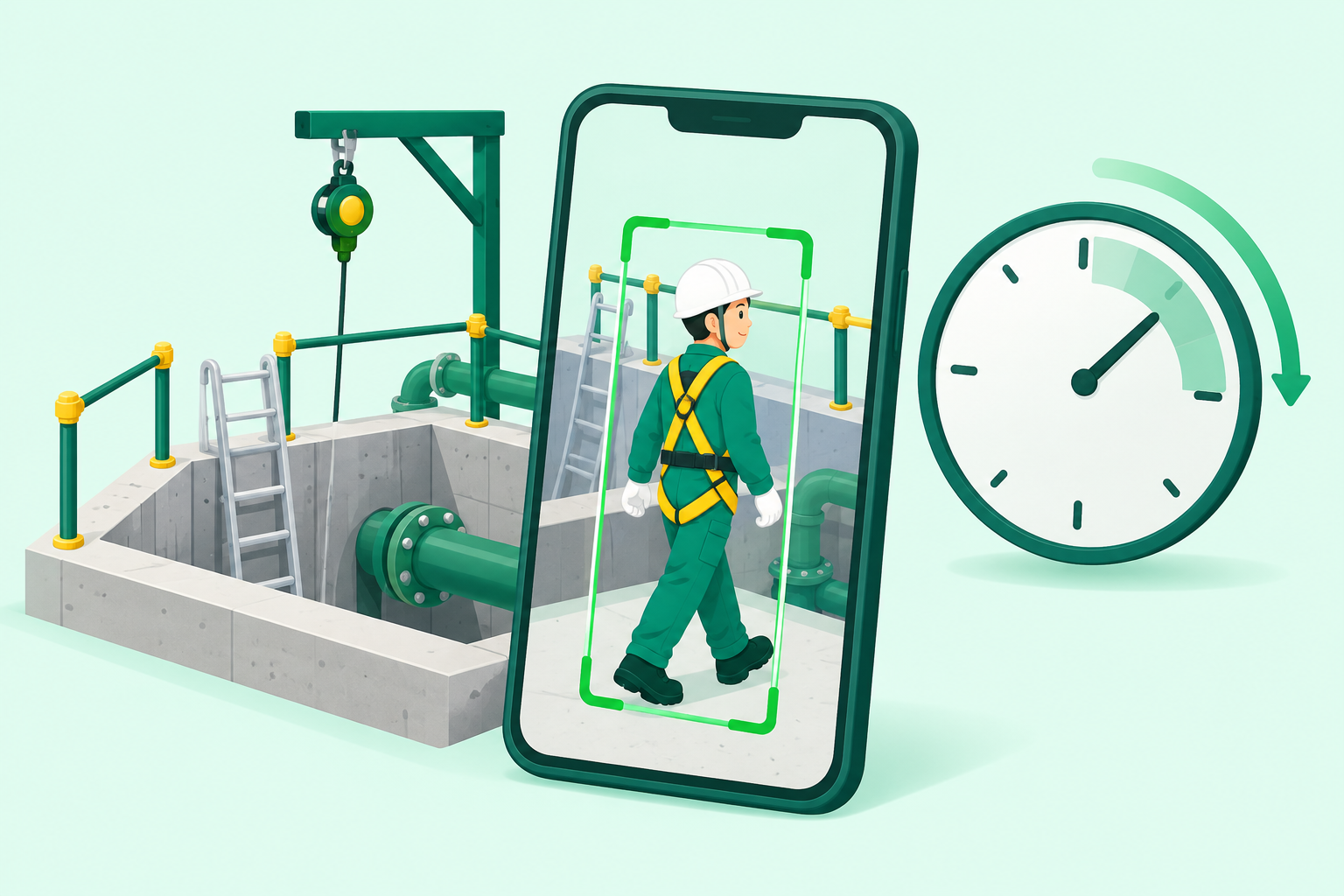 スマートフォンで1人の作業員を確認し、時計で状態の継続時間を表すイラスト