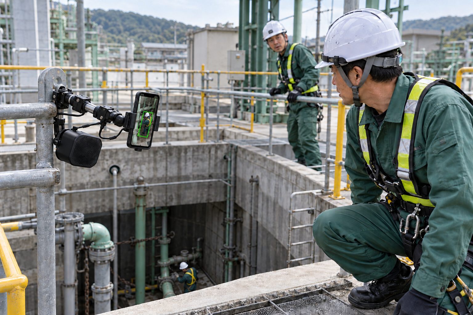 ピット内へ向けてクランプ固定したスマートフォンの画面に作業員1人が映り、外部スピーカーが接続されている現場