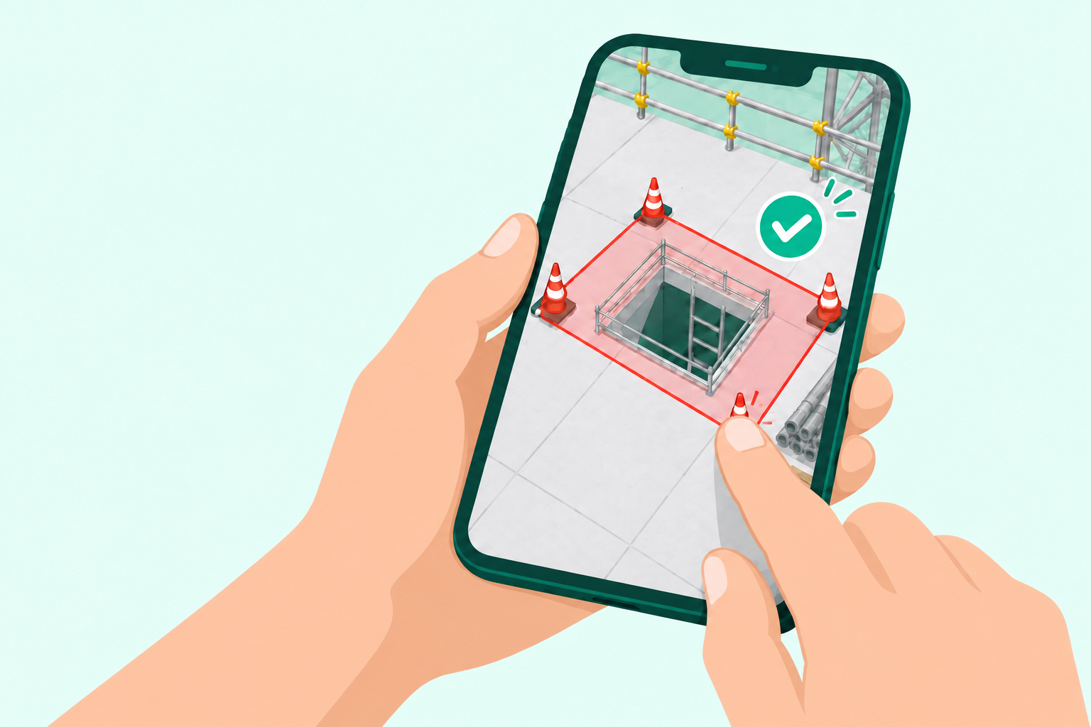 左手でスマートフォンを持ち、画面上で危険エリアを設定する手元