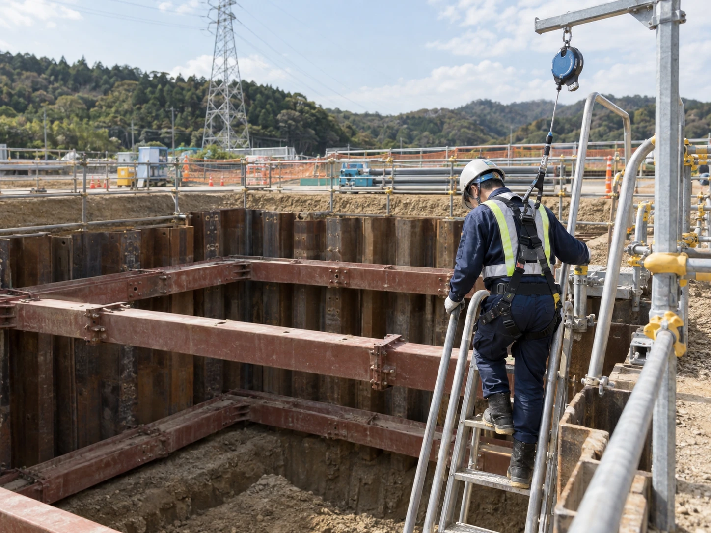 掘削現場で安全ブロックを使用して作業する作業員