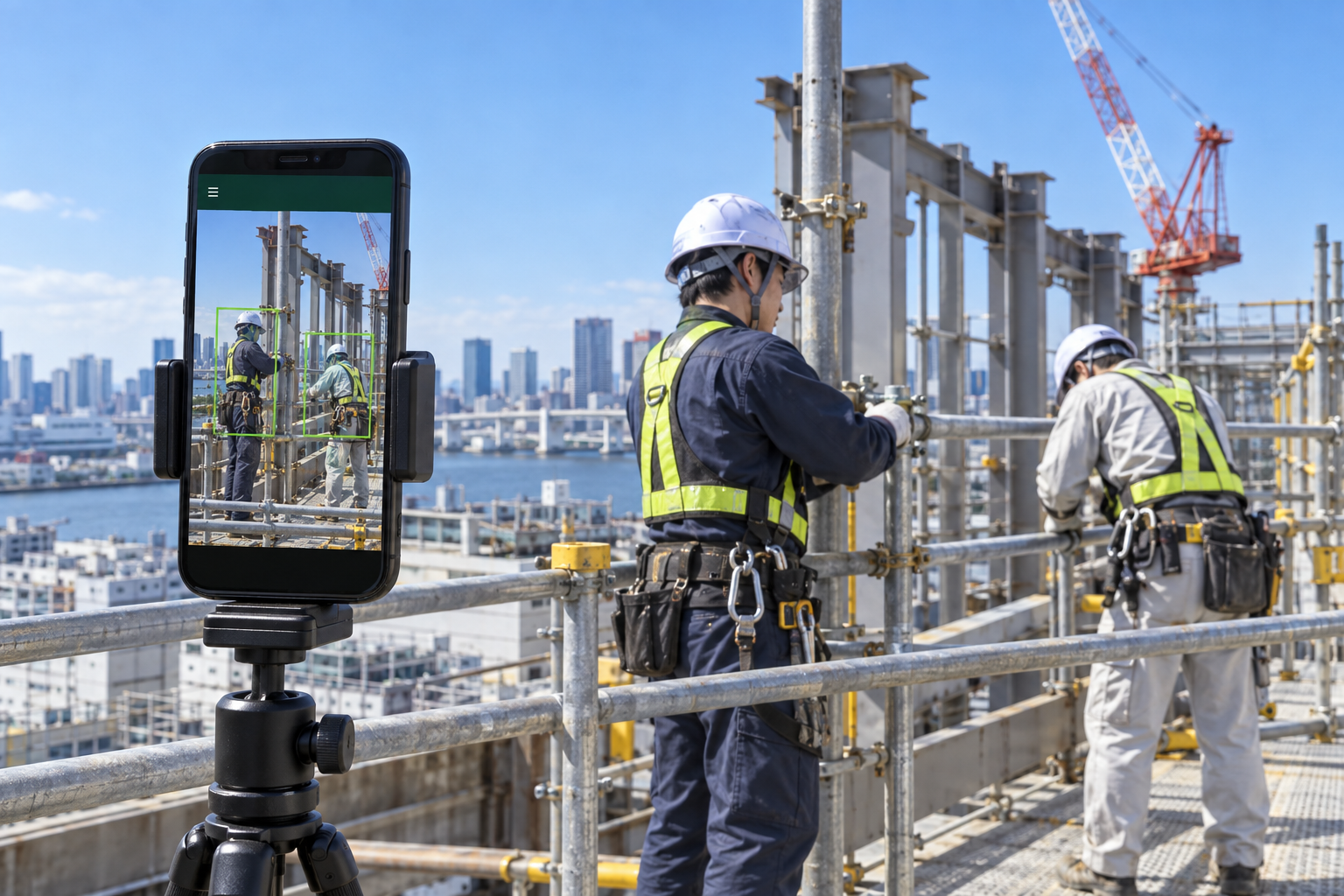 三脚に設置したスマートフォンで建設現場の作業員をAI監視するイメージ