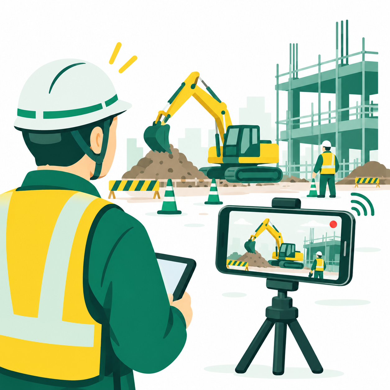 スマートフォンで現場をリアルタイムに監視するオリジナルイラスト