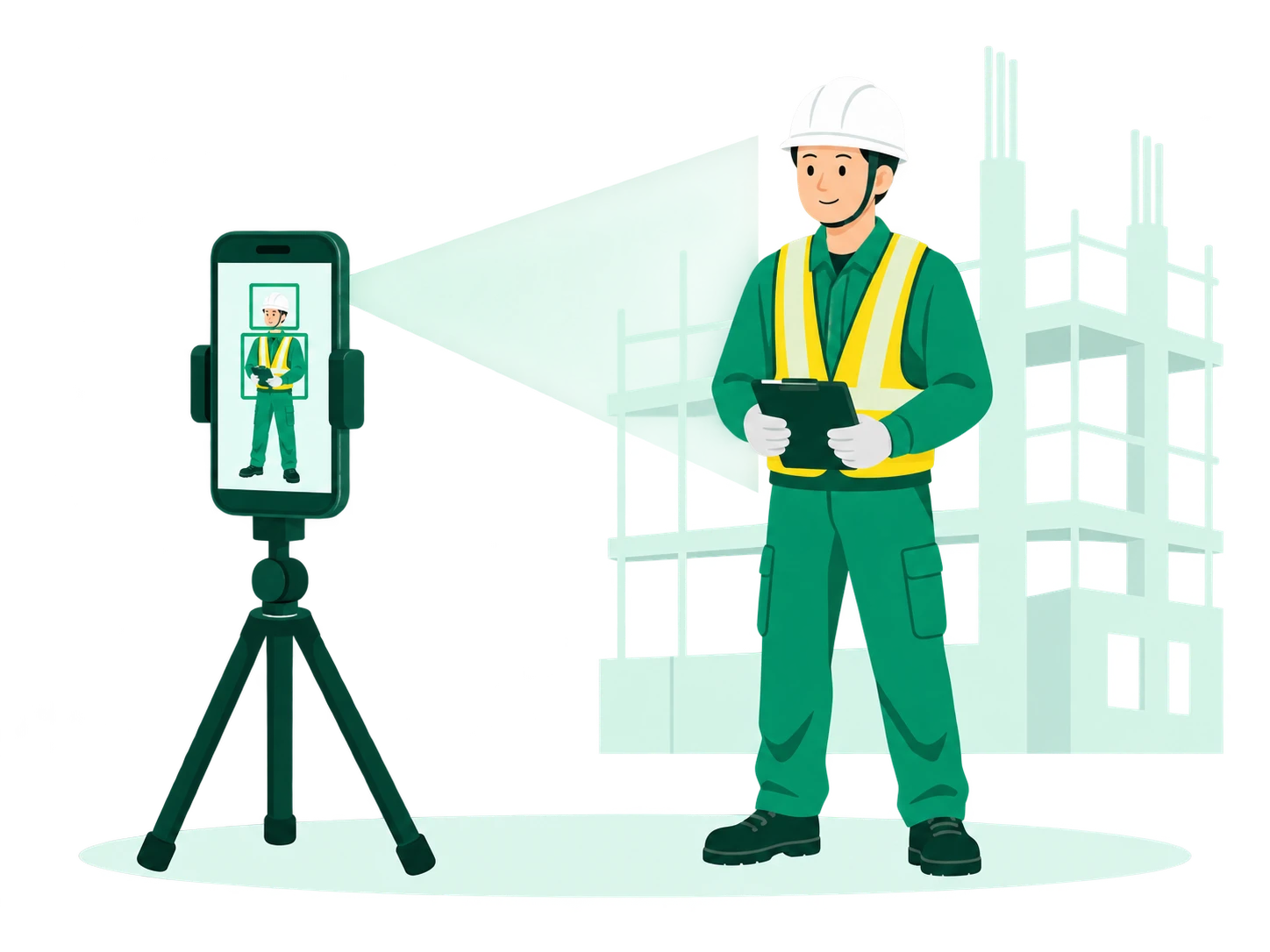 三脚に固定したスマートフォンで、ヘルメットと反射ベストを着用した作業員を撮影するイラスト